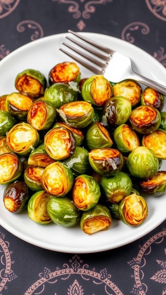 Crispy air fryer Brussels sprouts with Parmesan cheese on a white plate.